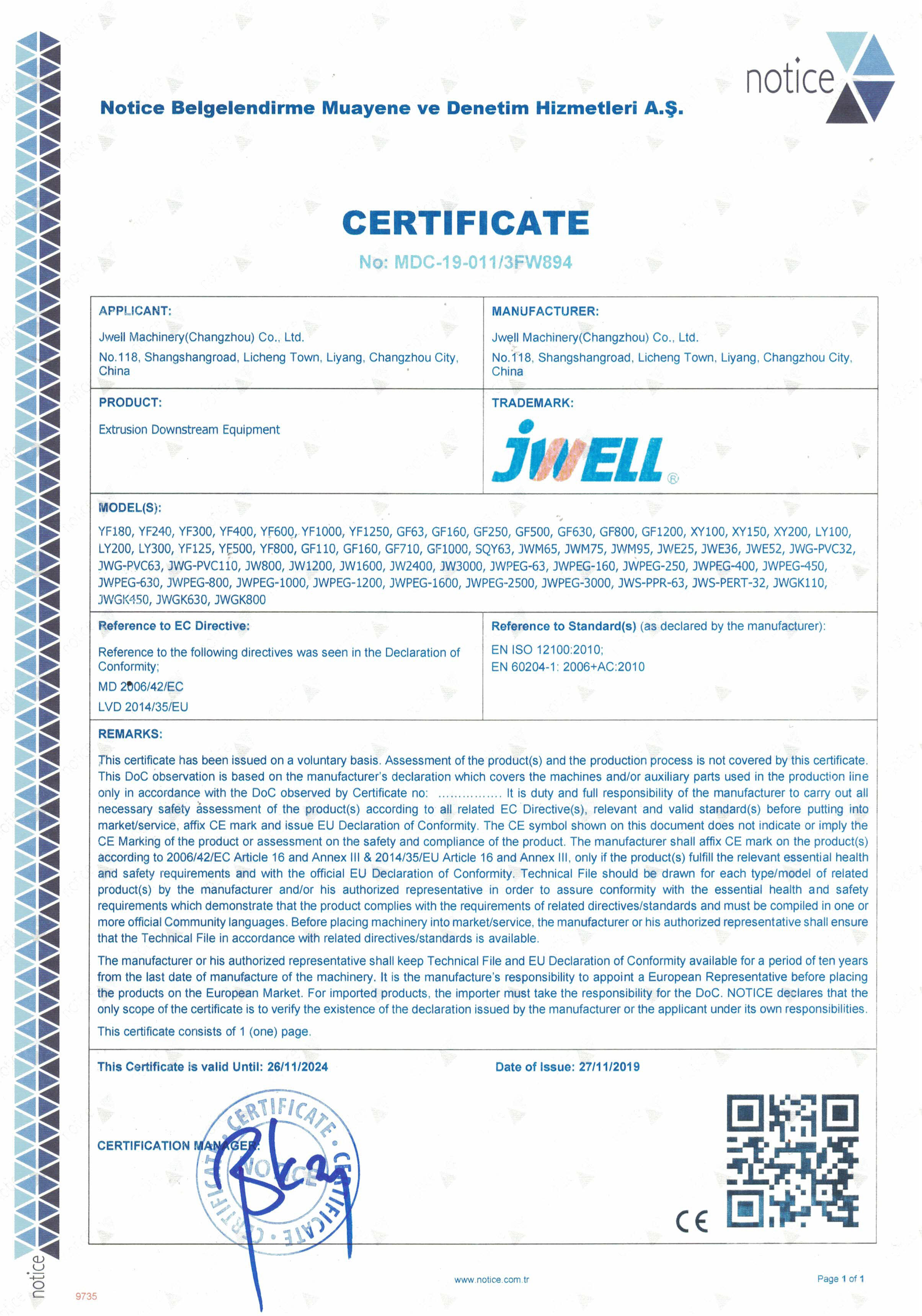 China Jwell Machinery (Changzhou) Co.,ltd. Certification